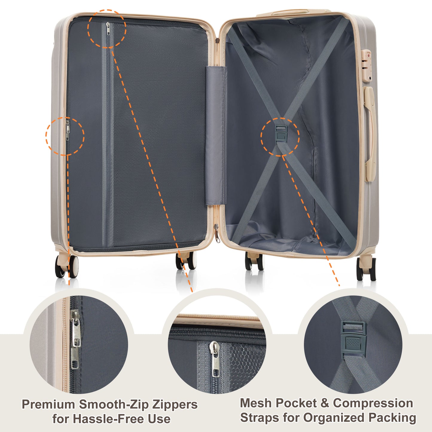 Premium ABS Travel Luggage Set - 3-Piece with TSA Lock, Light Grey