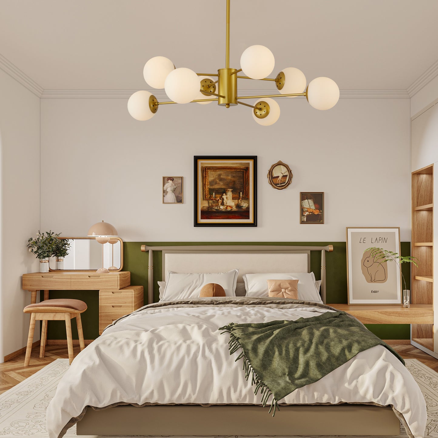 8-Light Gold Chandelier with White Glass Globe Shades - Modern Design