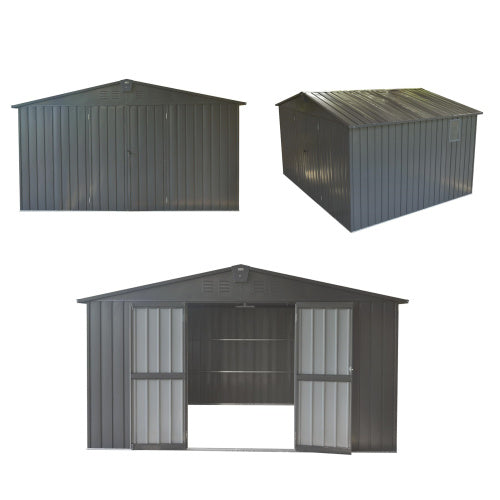 11x12.5 ft Outdoor Metal Garden Storage Shed with Windows and Lockable Door - Dark Gray