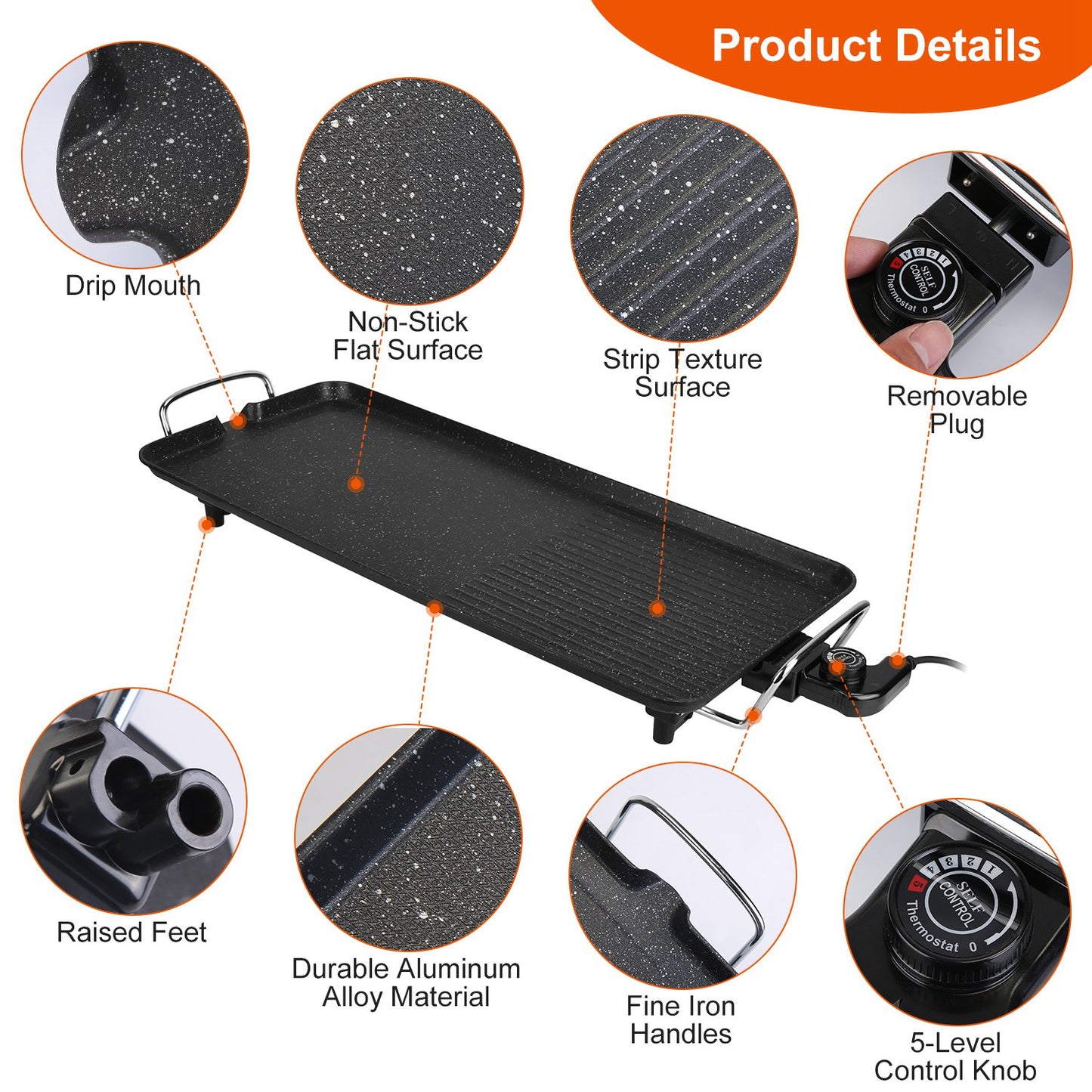 Electric Grill Griddle with Non-Stick Surface, 1500W, Indoor Outdoor Use