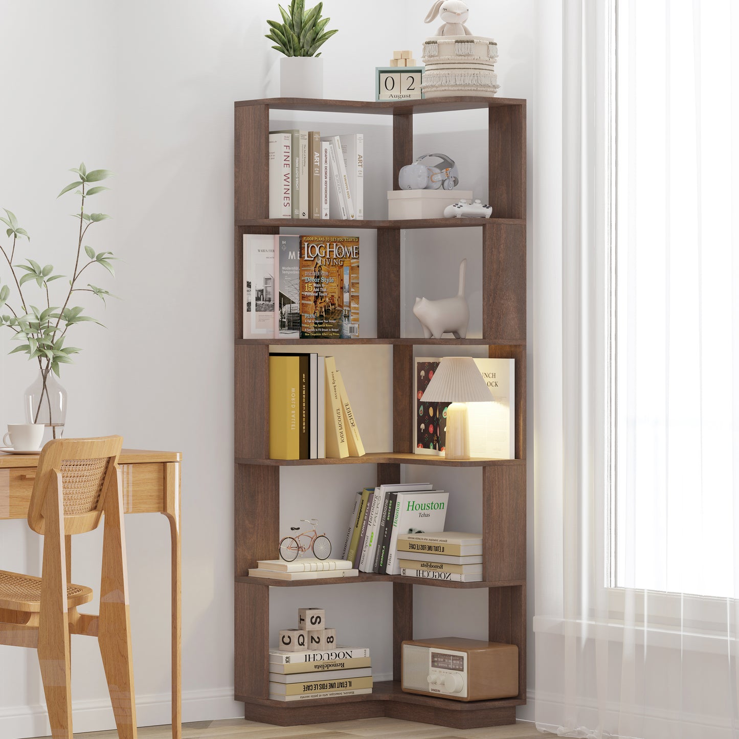 6 Tier Freestanding L-Shaped Corner Bookshelf For Living Room,