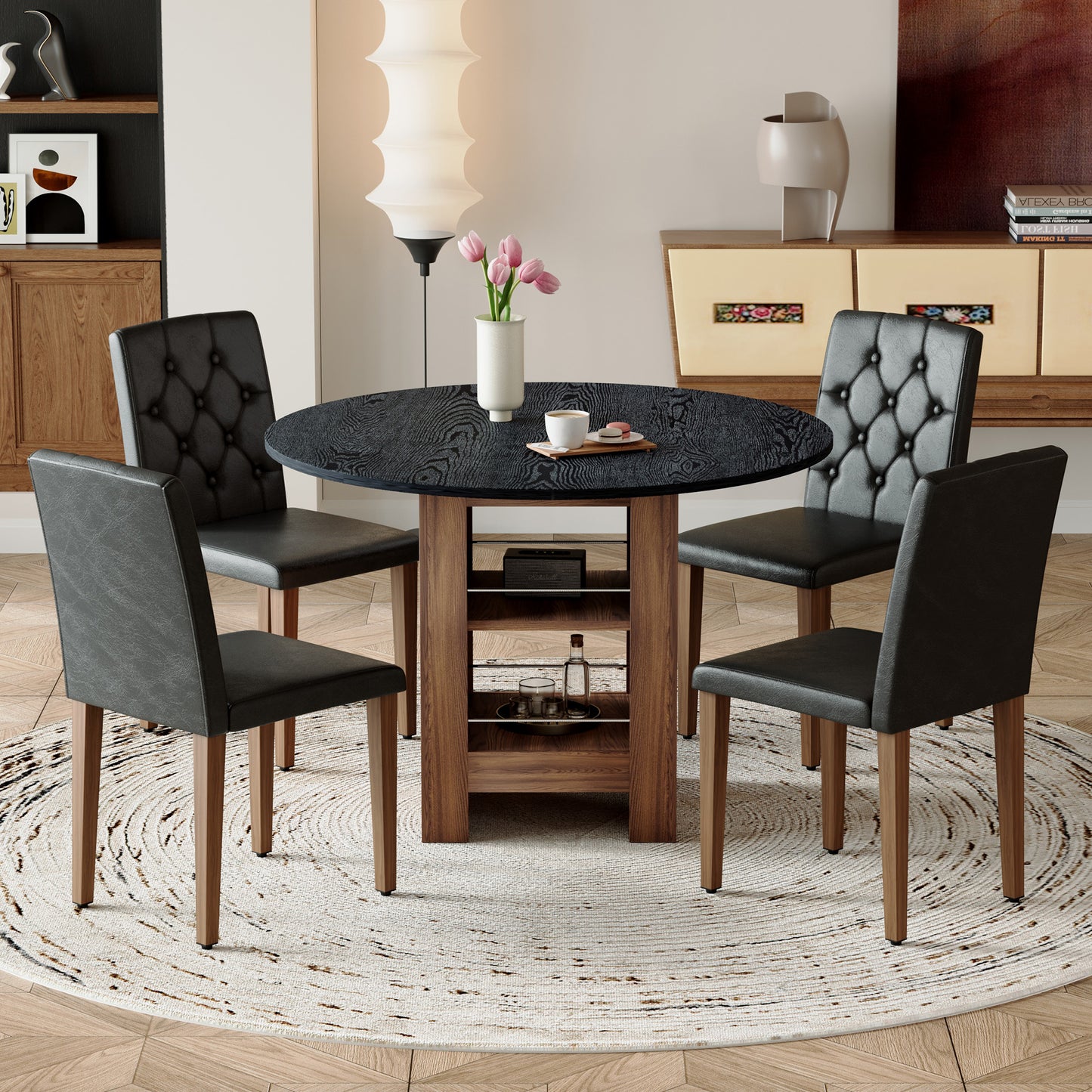 Table And Chair Set. 42 Inch Round MDF Black Dining With Double-layer