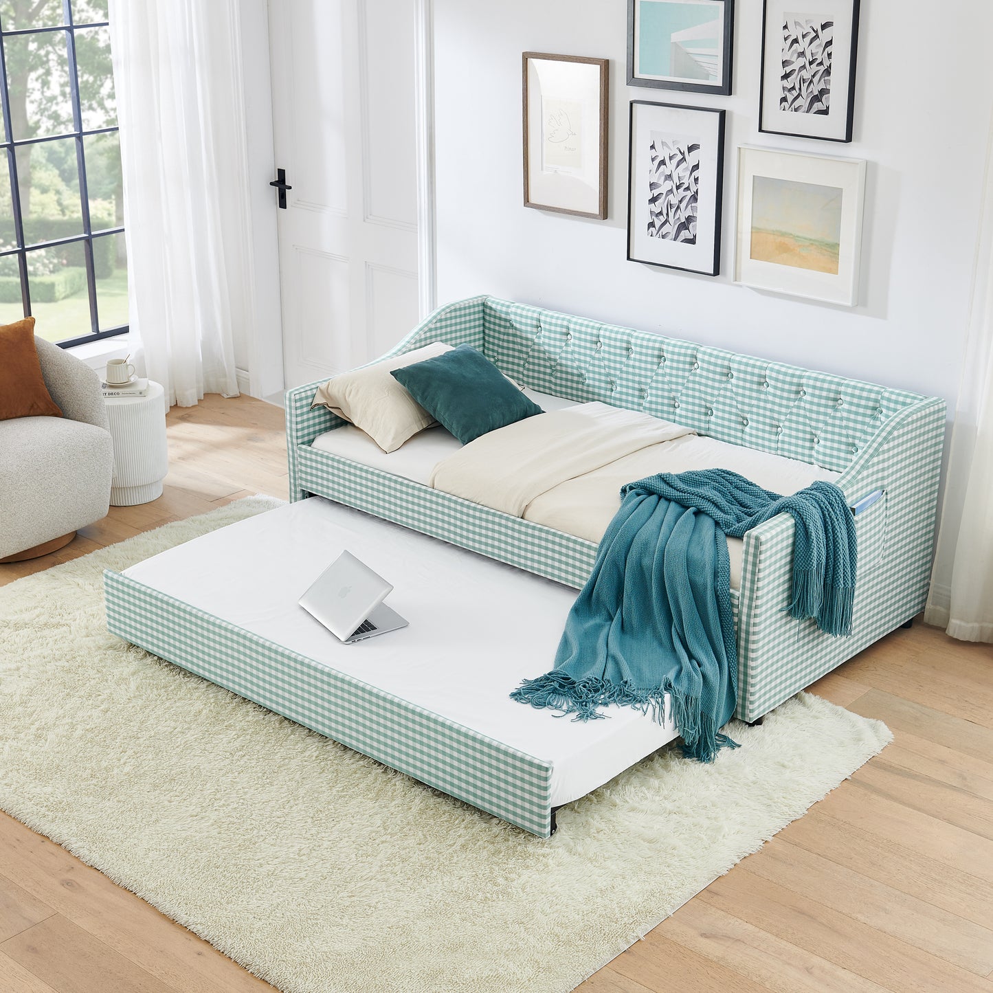 Twin Size Upholstered Daybed with Pull-Out Trundle & Storage - Cyan