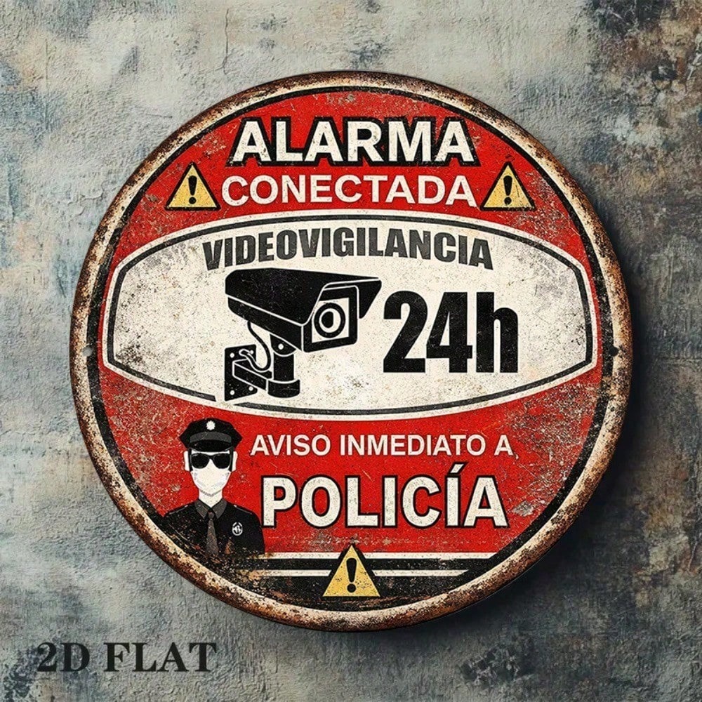Vintage Spanish 24-Hour Video Surveillance Alarm Sign - Tin