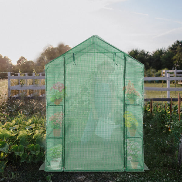 Garden Greenhouse with 8 Shelves, Green PE Cover & Black Iron Frame, 143x143x195cm