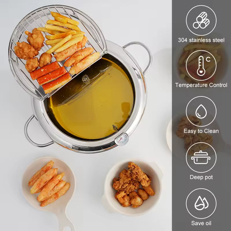 Japanese Style Tempura Deep Fryer - Stainless Steel with Thermometer