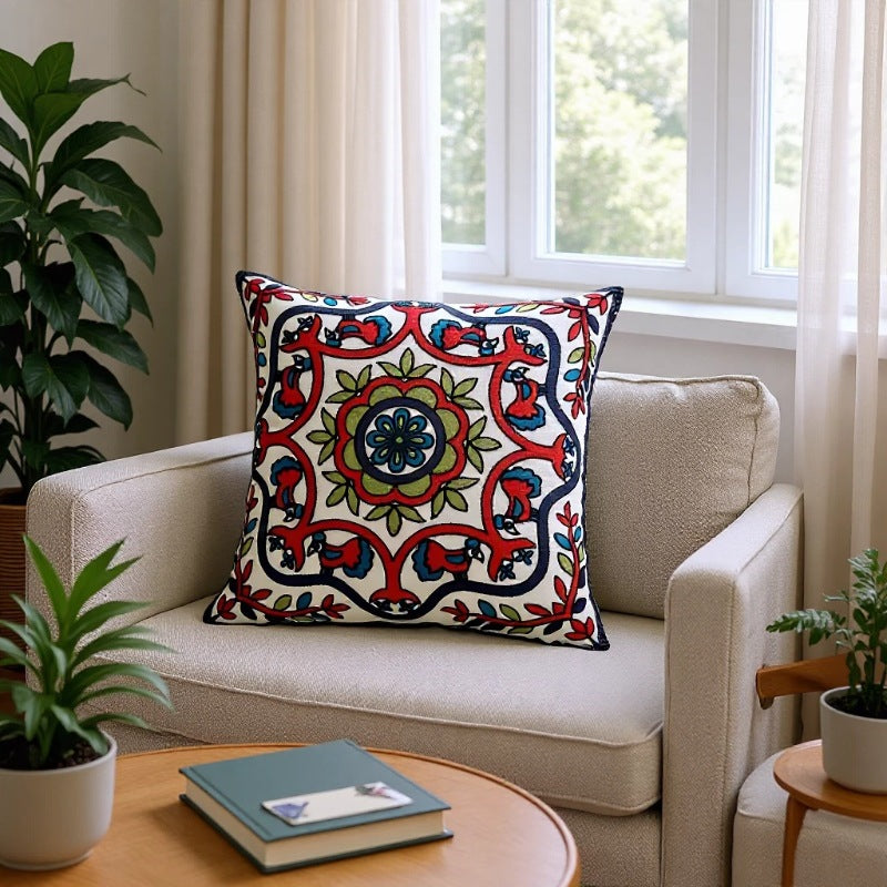 Mandala Vine Floral Embroidered Throw Pillow - Ethnic Bohemian Square Cushion for Sofa & Bedroom