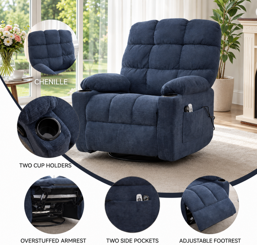 Power Lift Recliner Chair with Heat, Massage & Cup Holders - Blue