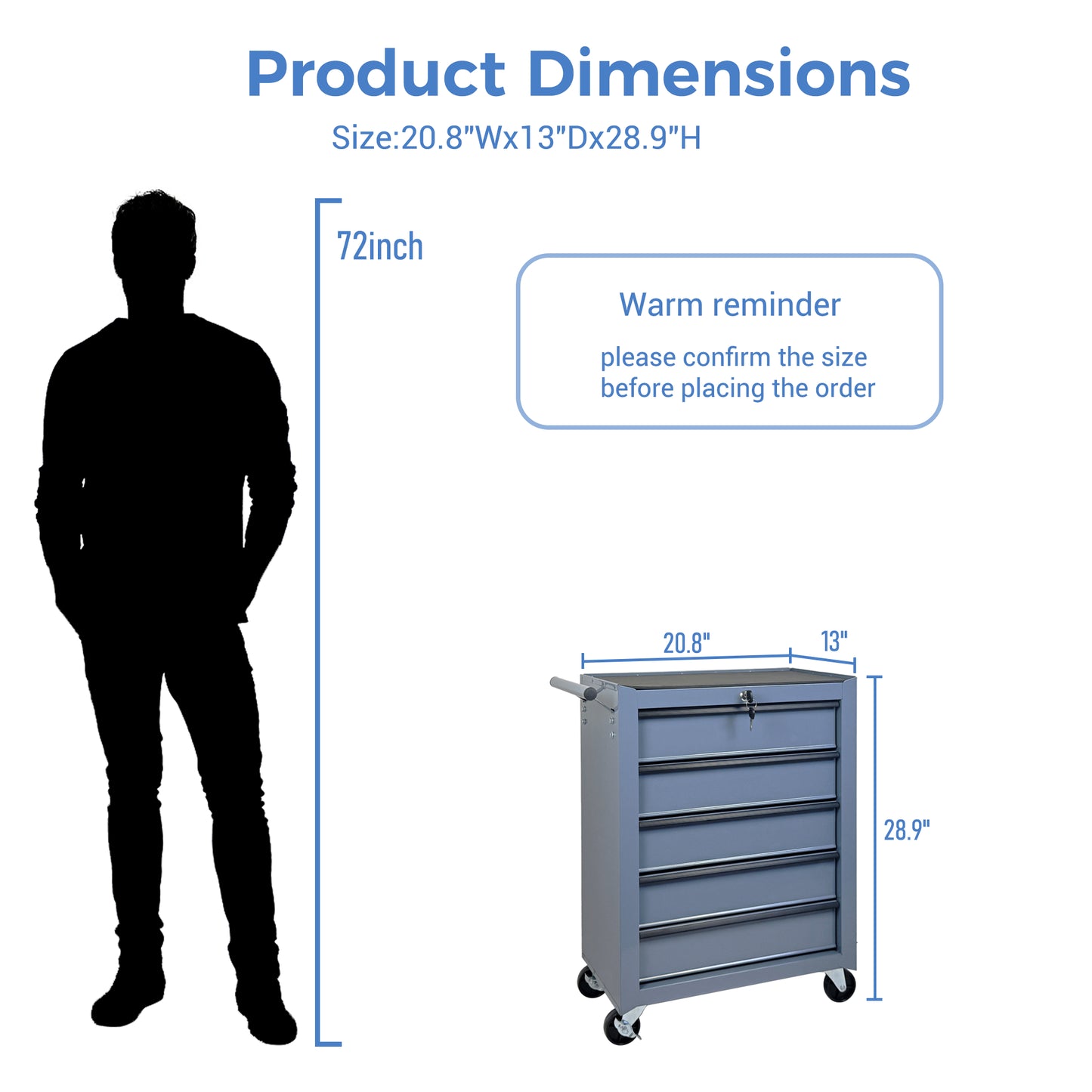 20-Inch Metal Rolling Tool Chest with 5 Drawers, Steel Storage Cabinet, Grey