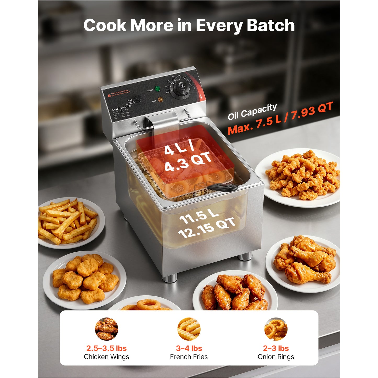 12.15 Qt Commercial Deep Fryer - 1750W Stainless Steel Countertop Fryer with Basket & Lid
