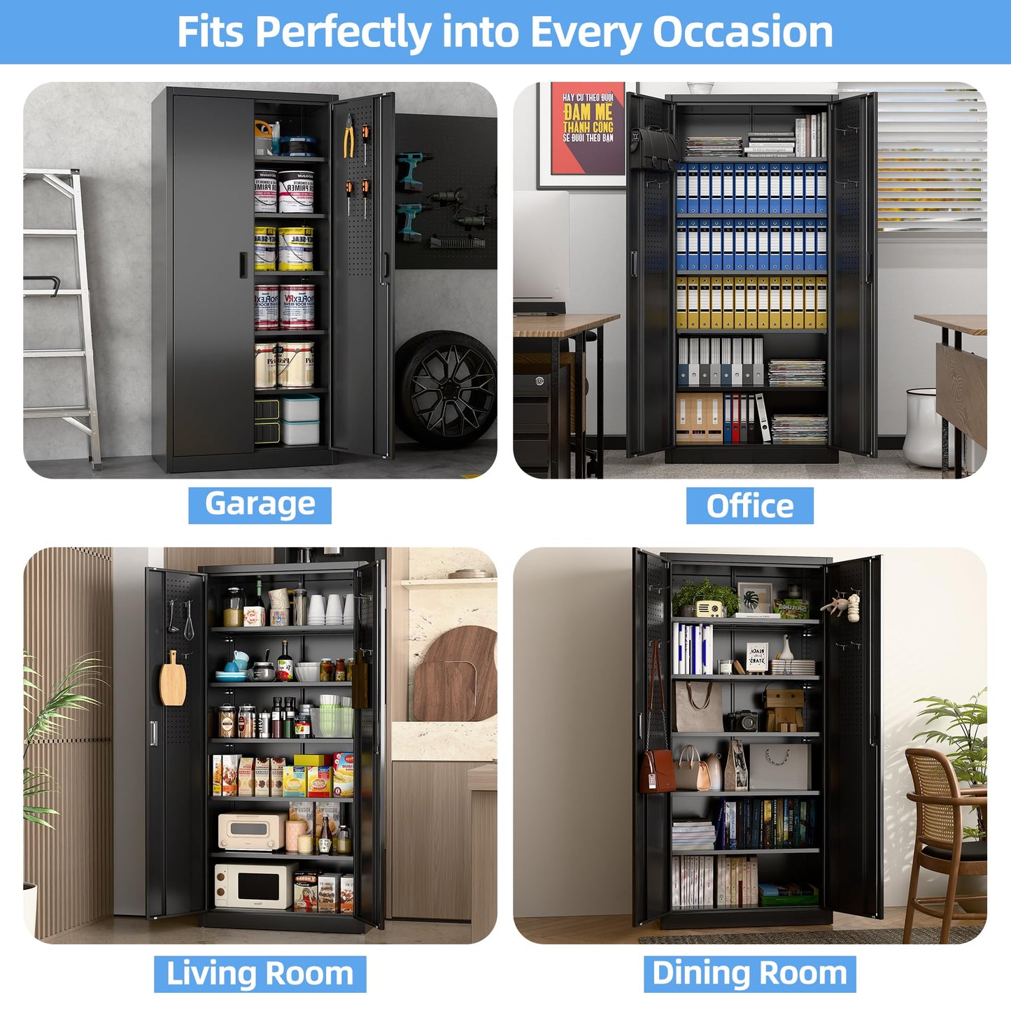 Locking Garage Storage Cabinet with 5 Adjustable Shelves - Black