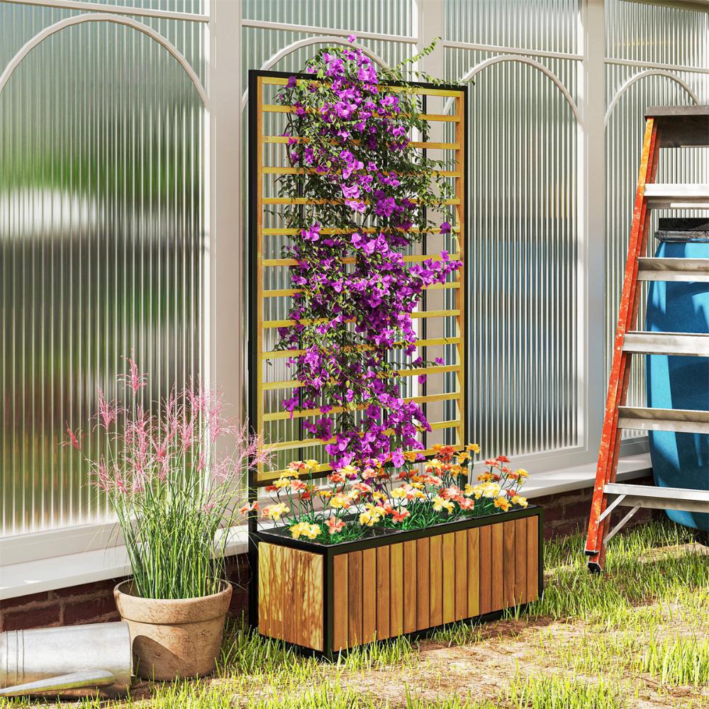 Wooden Raised Garden Bed With Trellis, Removable Pots For