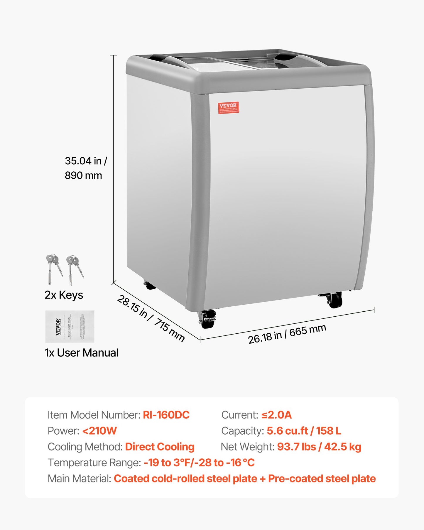 Commercial Ice Cream Display Case with Locking Casters - 5.6 Cu.ft Chest Freezer with Sliding Glass Door & LED Lighting