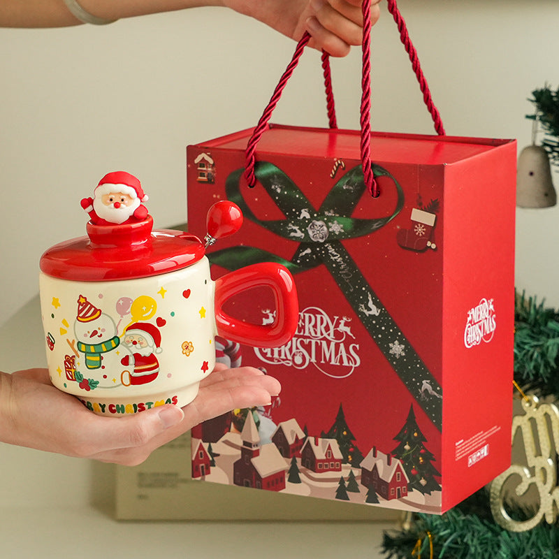 Christmas Ceramic Mug with Lid - Cartoon Holiday Drinkware, 301-400ml