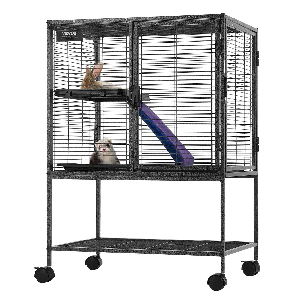 Small Animal Cage 2-Tier Rolling Ferret Enclosure with Tray and Ramp - Black