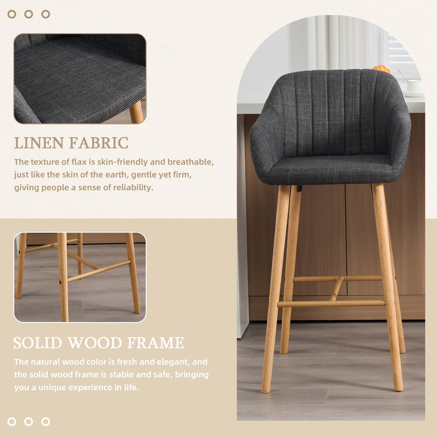 Modern Bar Stools Set of 2 - Kitchen Island Tall Chairs with Back and Footrest - Black Linen Upholstered