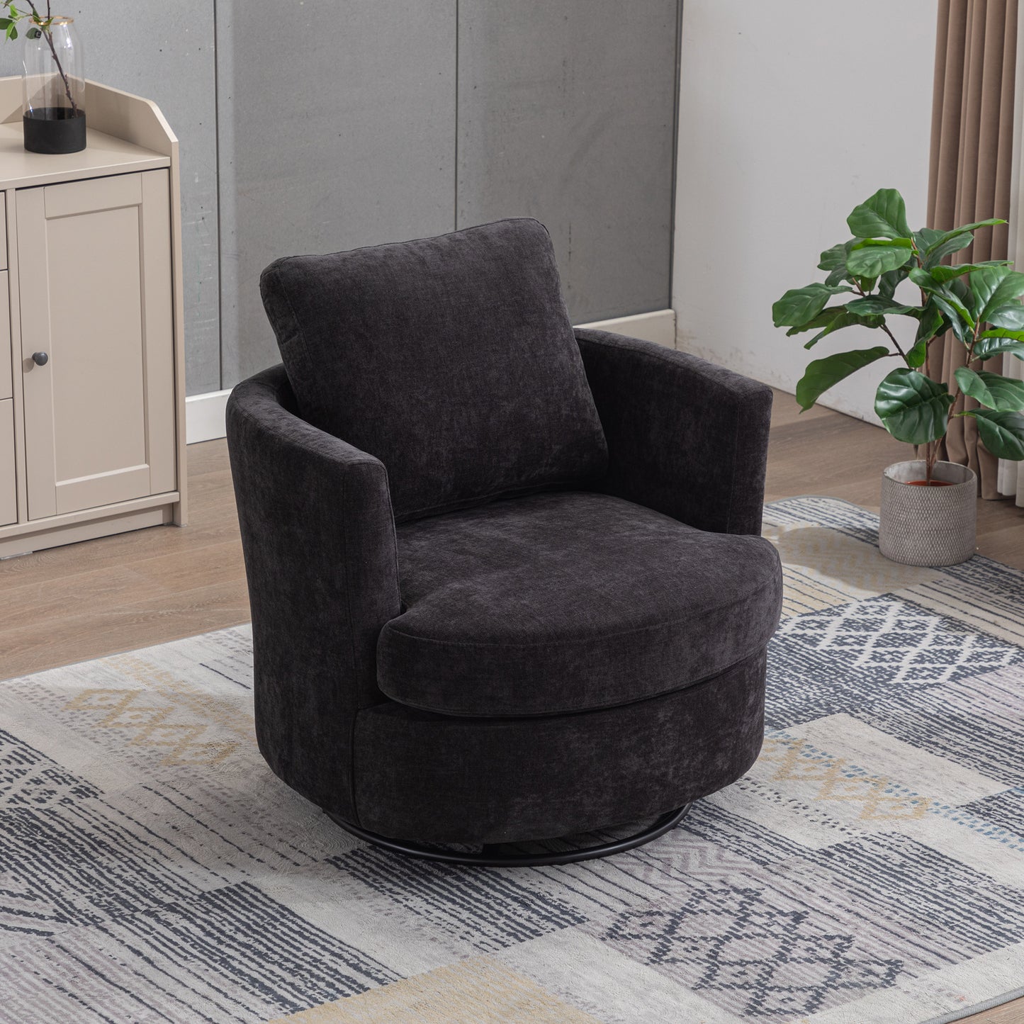 Chenille Swivel Accent Barrel Chair - Comfy Round Sofa Chair in Black