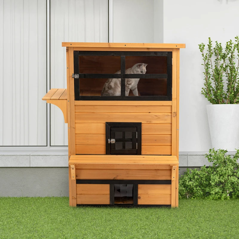 Outdoor Cat House with 5 Escape Doors Weatherproof Wooden Shelter - Yellow & Black
