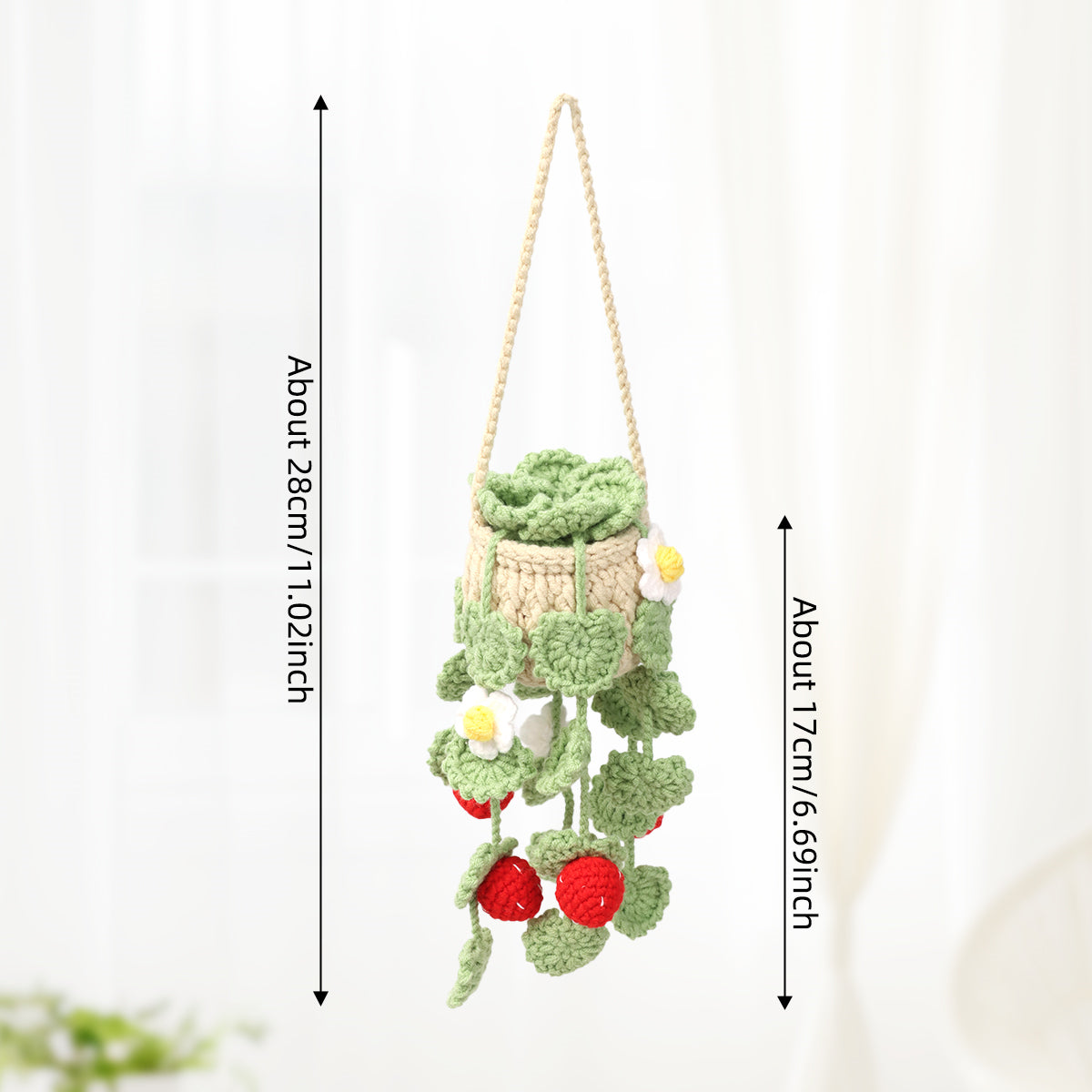 Handmade Crochet Hanging Plant Ornament with Strawberry & White Blossom Decor - Indoor Home Decor