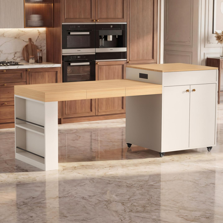 78.8" Rolling Kitchen Island with Extendable Dining Table - White