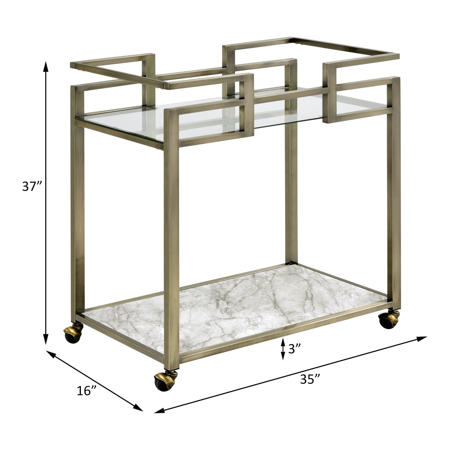 Clear Glass Serving Cart with Faux Marble Top & Brass Finish