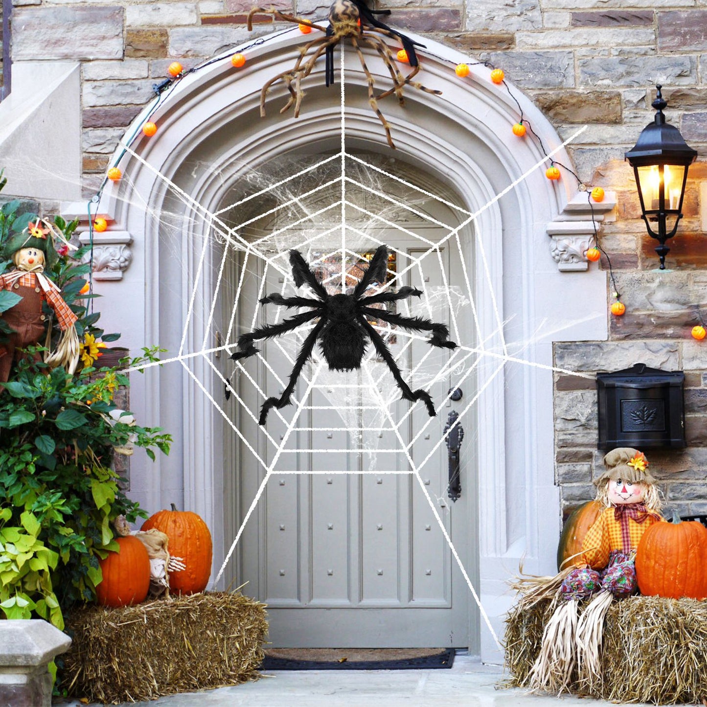 49-Inch Halloween Spider Decoration with 126-Inch Stretch Web - Black