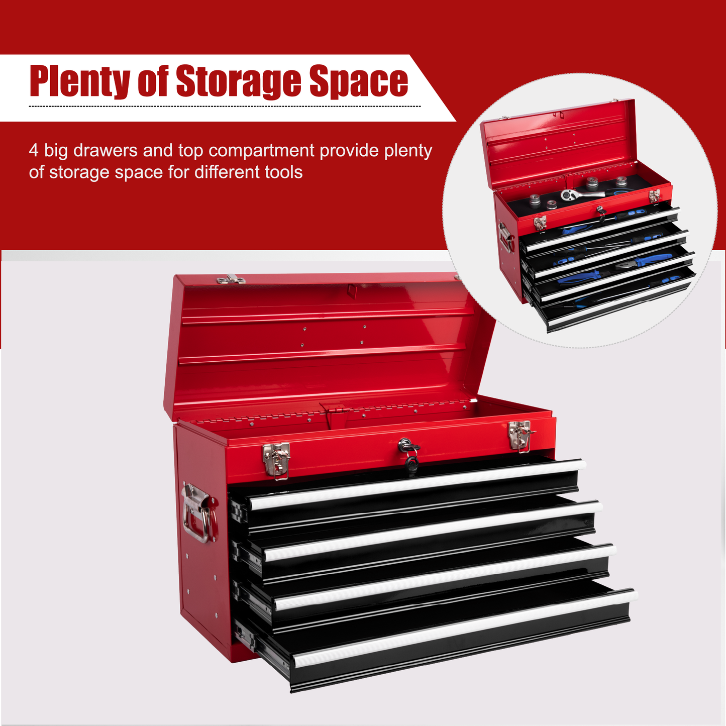 Heavy Duty Metal Tool Box 21-Inch with 4 Drawers, Locking & EVA Liners - Portable Steel Organizer, Red & Black
