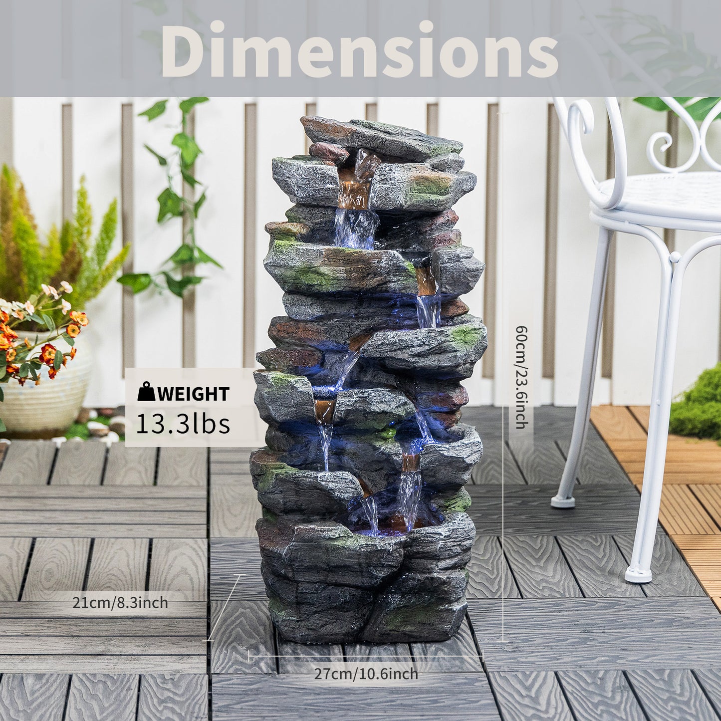 Outdoor Rock Waterfall Fountain with LED Lights for Garden Patio Lawn
