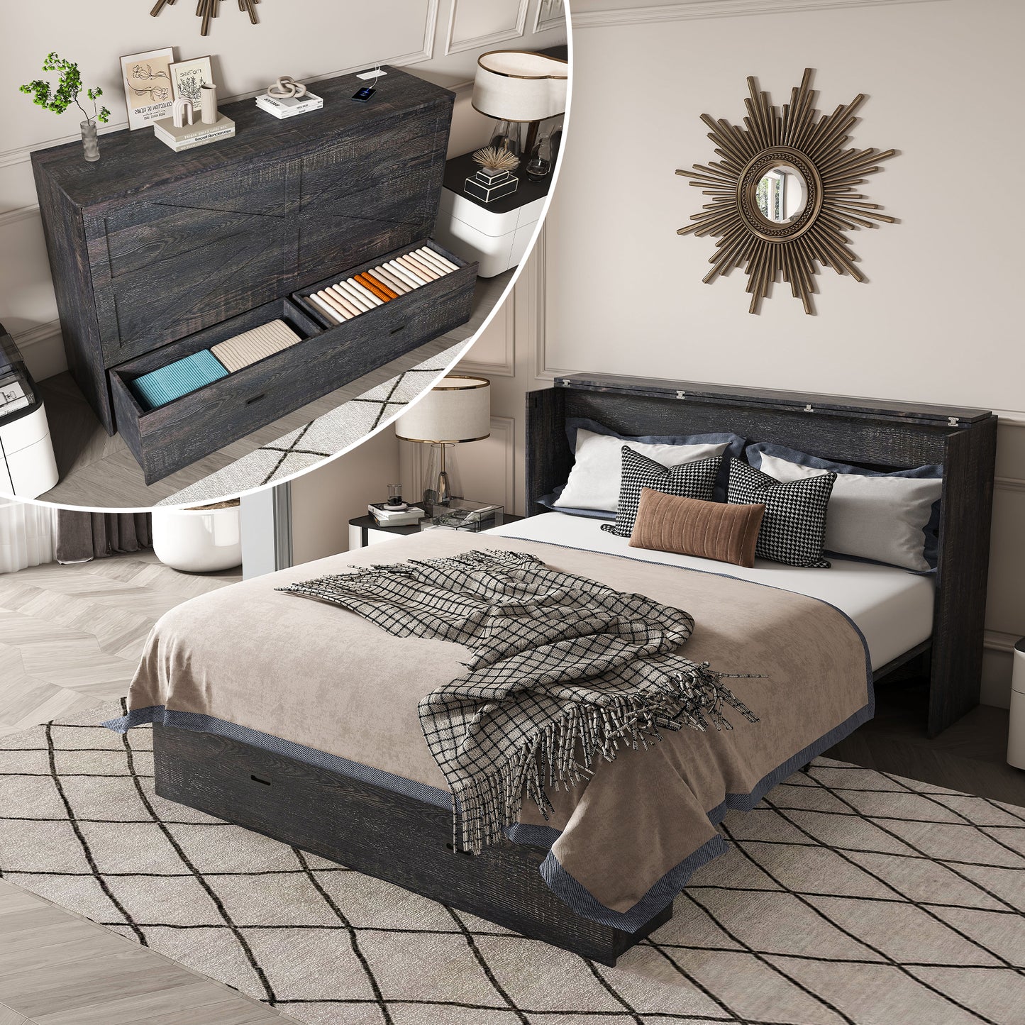 57-Inch Murphy Bed with Storage Drawers & Charging Cabinet - Black