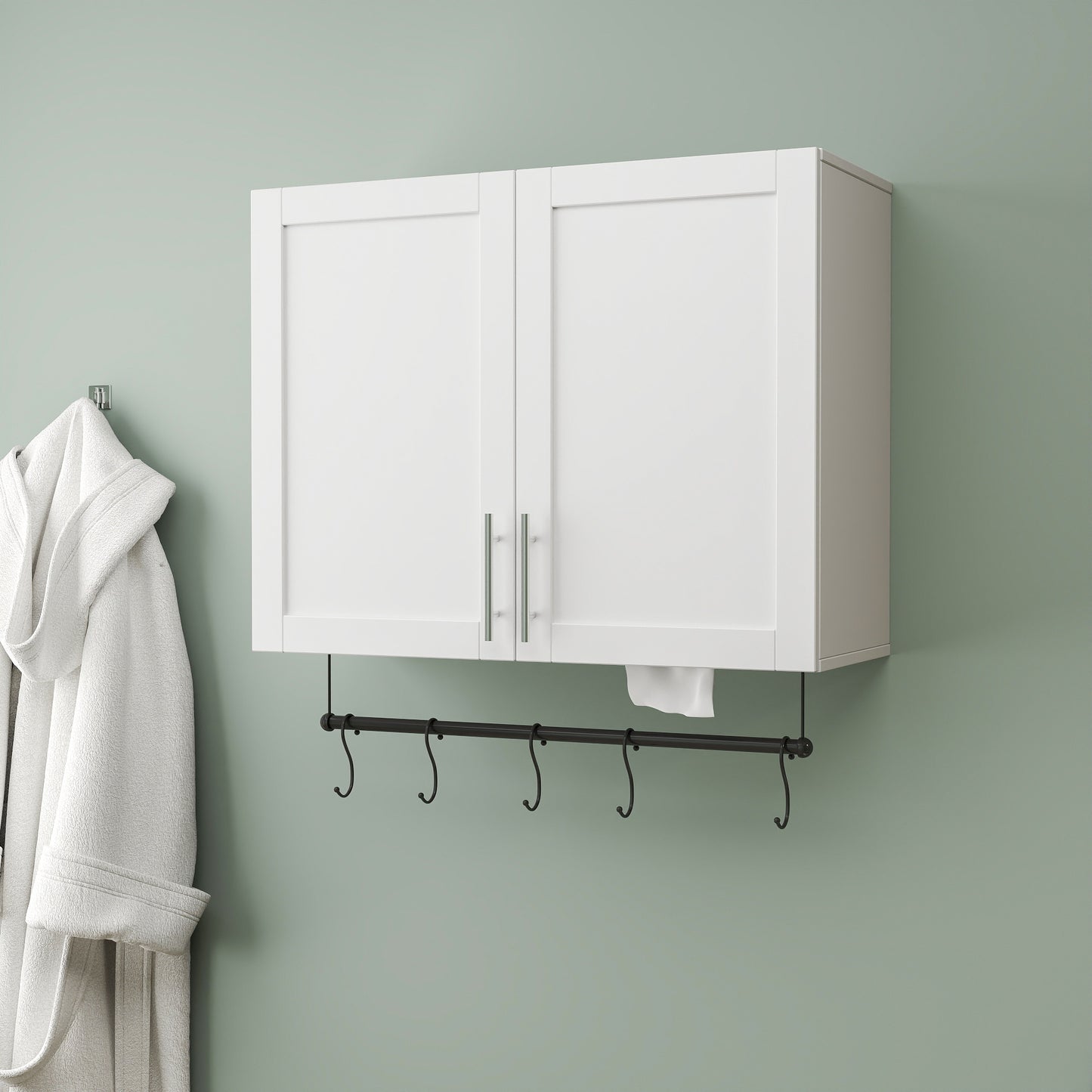 Over The Toilet Bathroom Wall Cabinet with Adjustable Shelf, Towel Bar & 5 Hooks - White