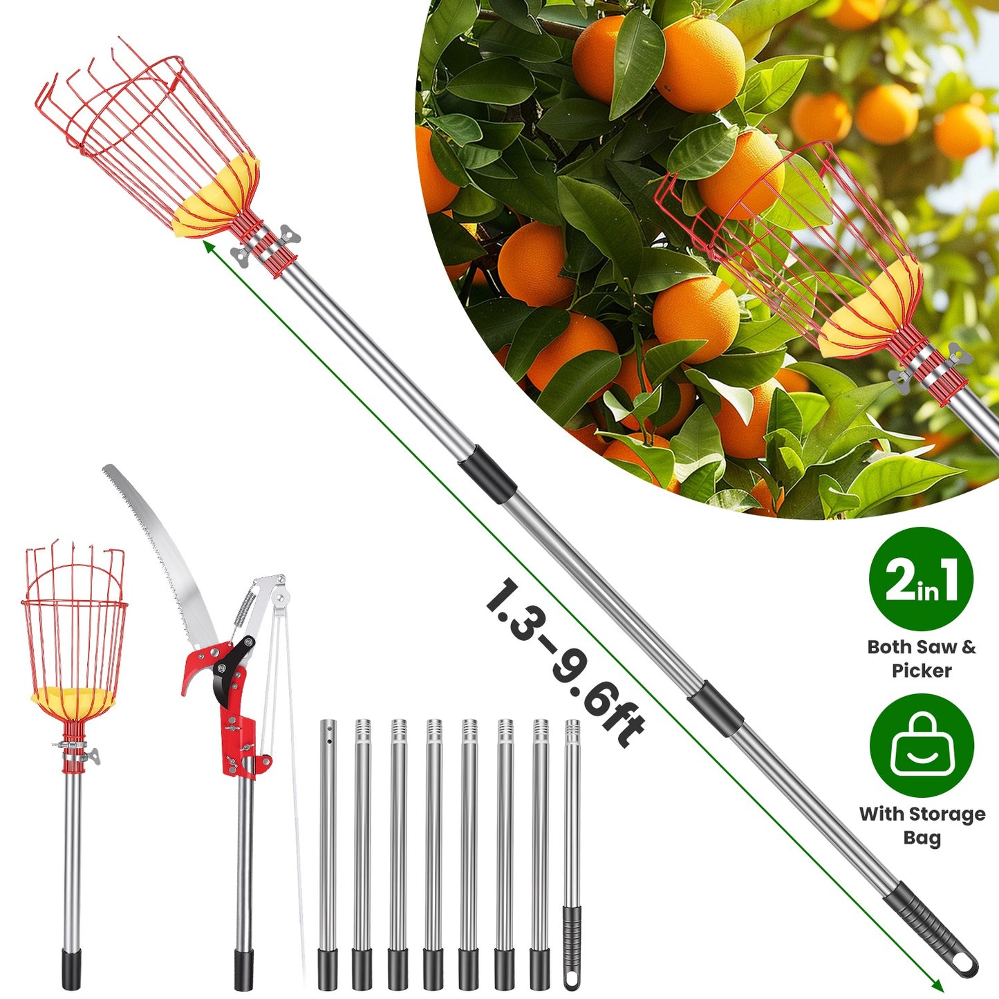 2-in-1 Extendable Pole Saw & Fruit Picker Garden Tool Set
