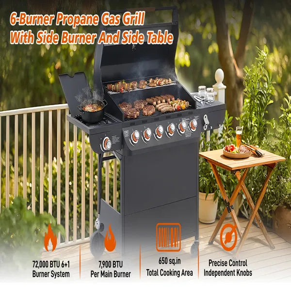 6-Burner Propane Gas Grill with Side Burner - 72000 BTU Stainless Steel