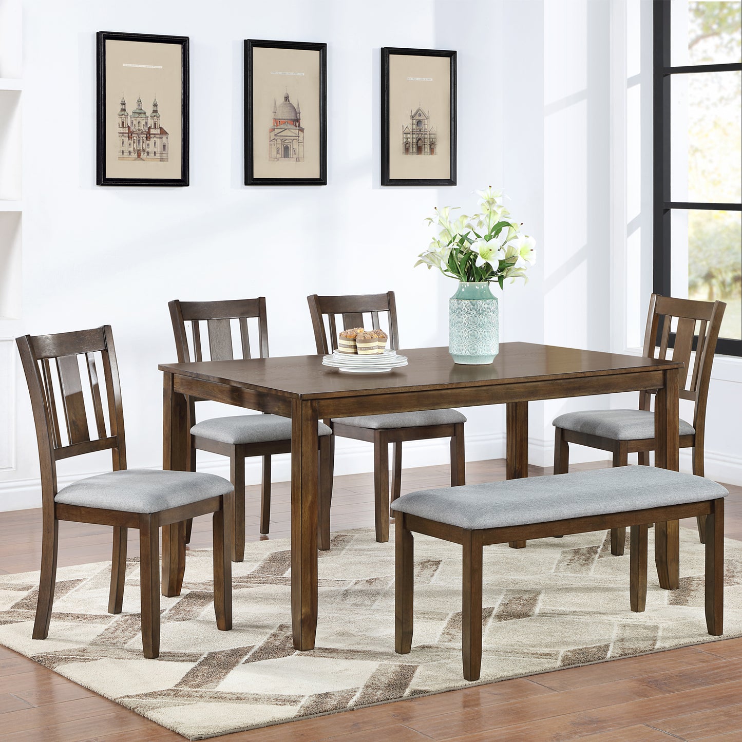 6-Piece Wooden Dining Set with Upholstered Chairs & Bench - Walnut