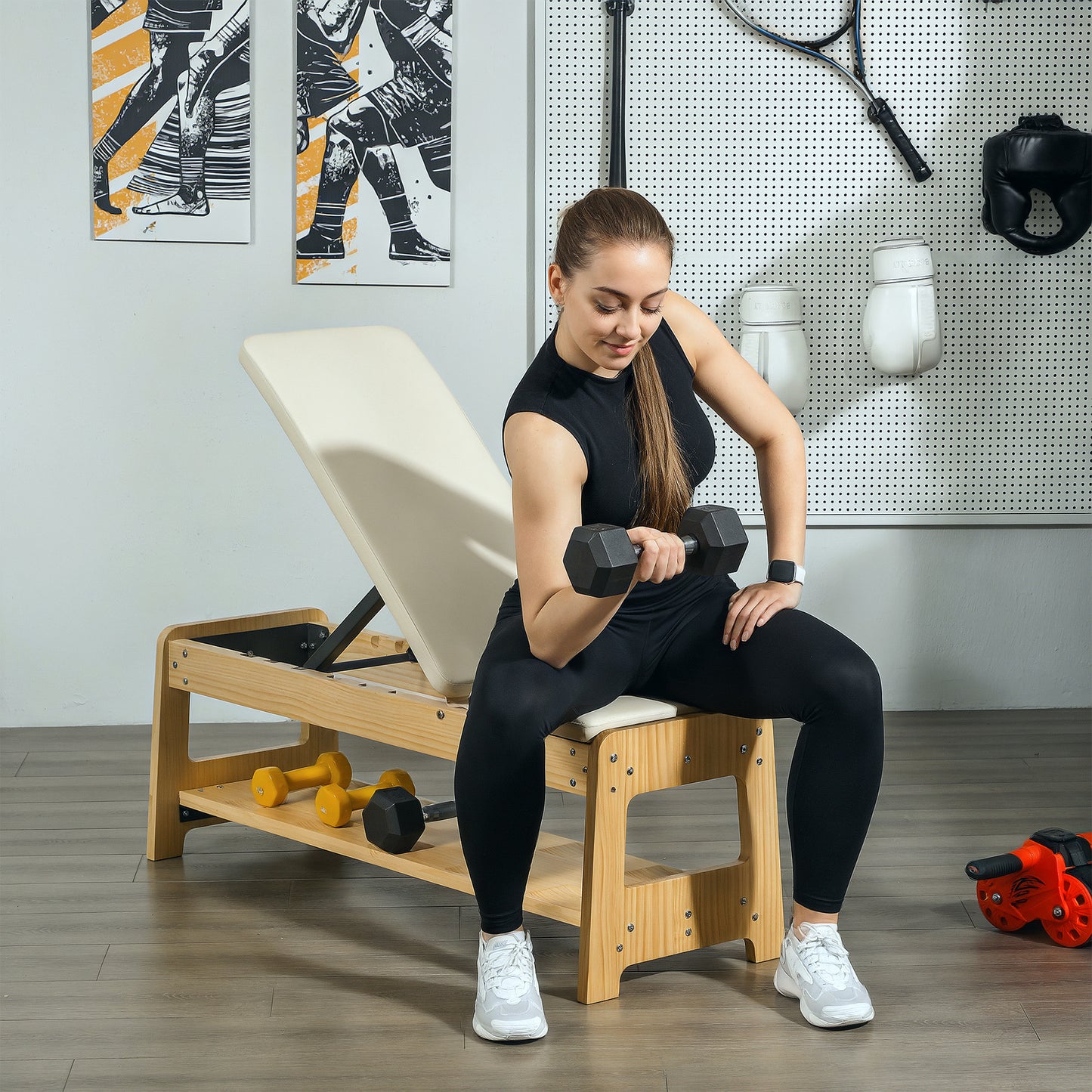 Adjustable Weight Bench with Dumbbell Rack - White