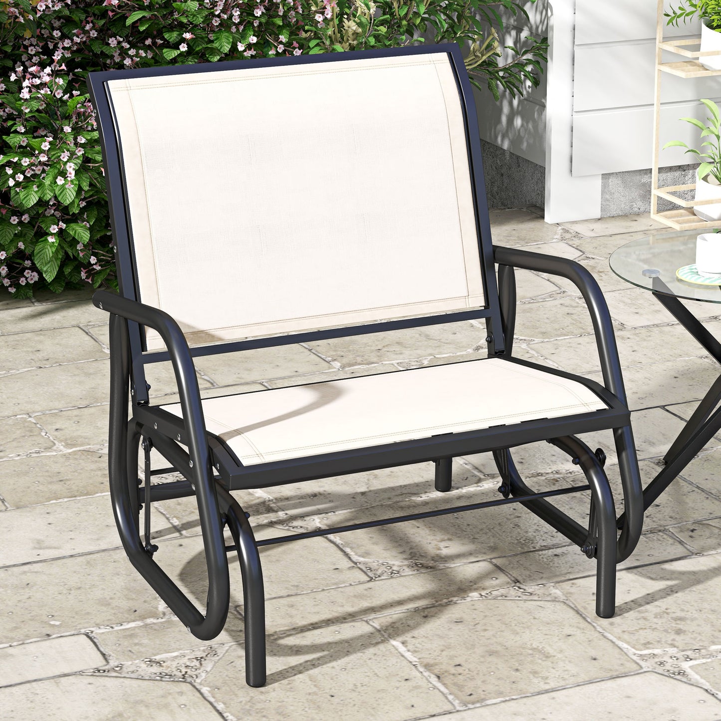 Outdoor Glider Chair - Steel Swing with Curved Armrests, Cream White