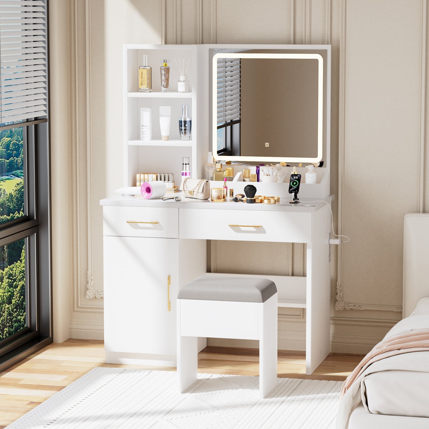 Makeup Vanity Desk With Mirror And Lights, White Table Power Outlet 3