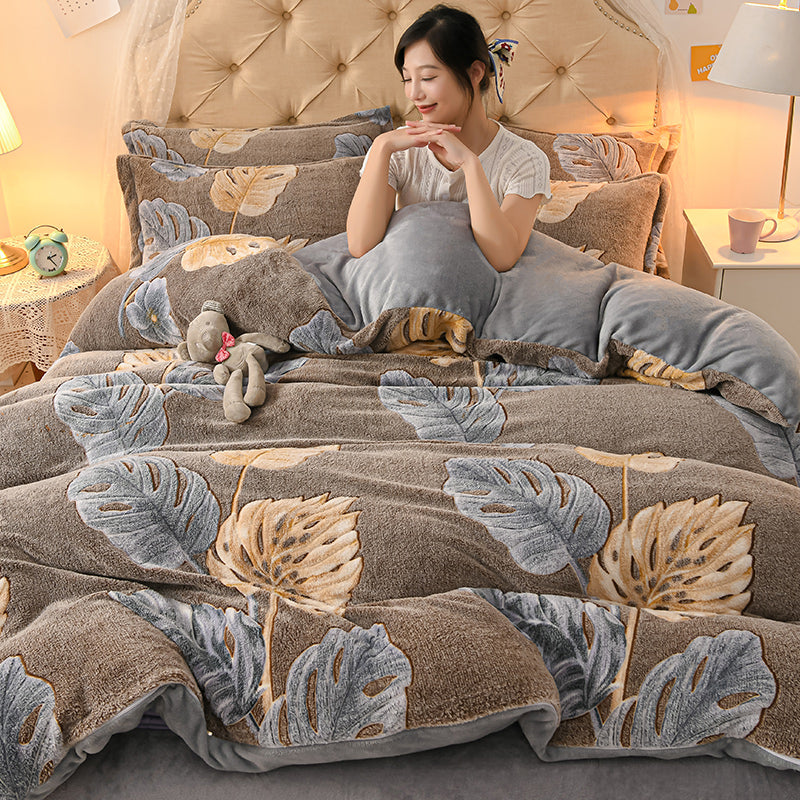 Coral Velvet Duvet Cover Set Double Sided Thick Bedding with Cartoon Patterns