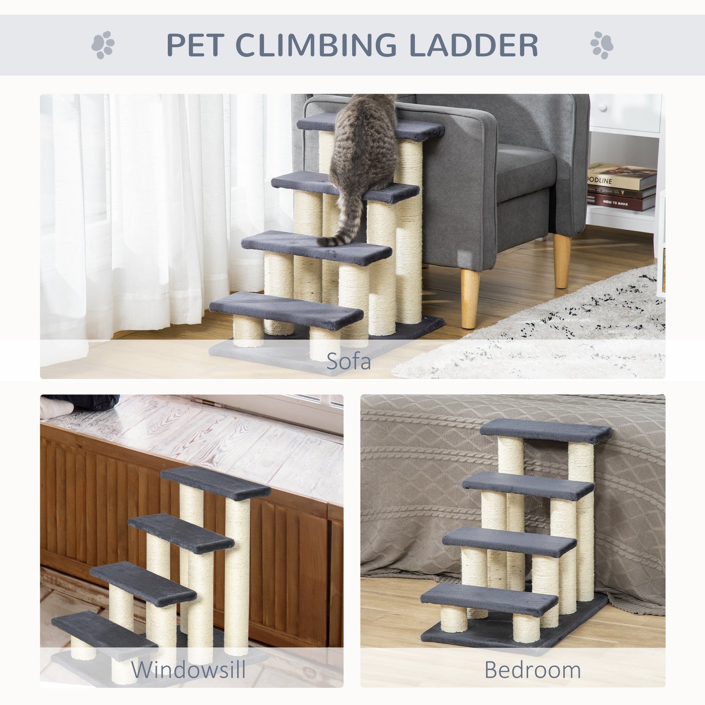 Cat Tree with 4 Steps and Sisal Scratching Post for High Beds - Gray