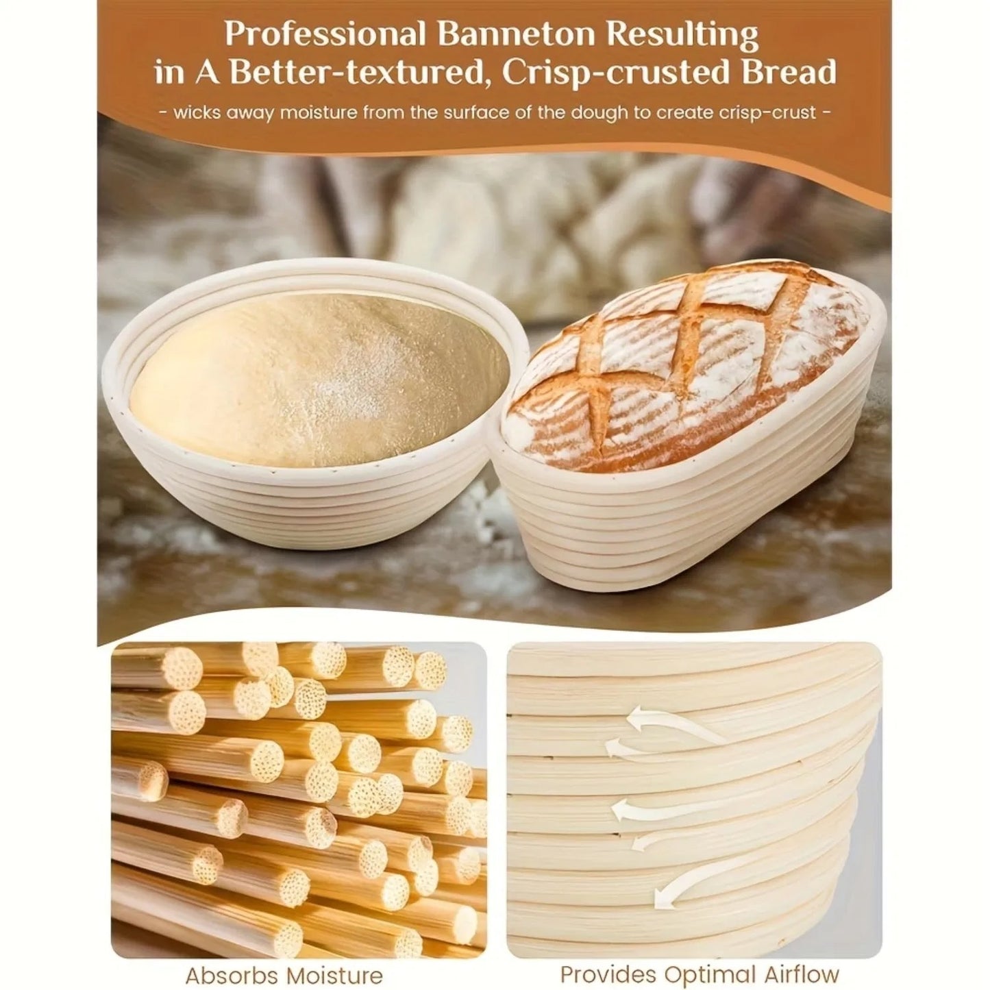 Bread Proofing Basket Set, 9.06 Inch Round 9.84 Oval Bowls, Yogurt