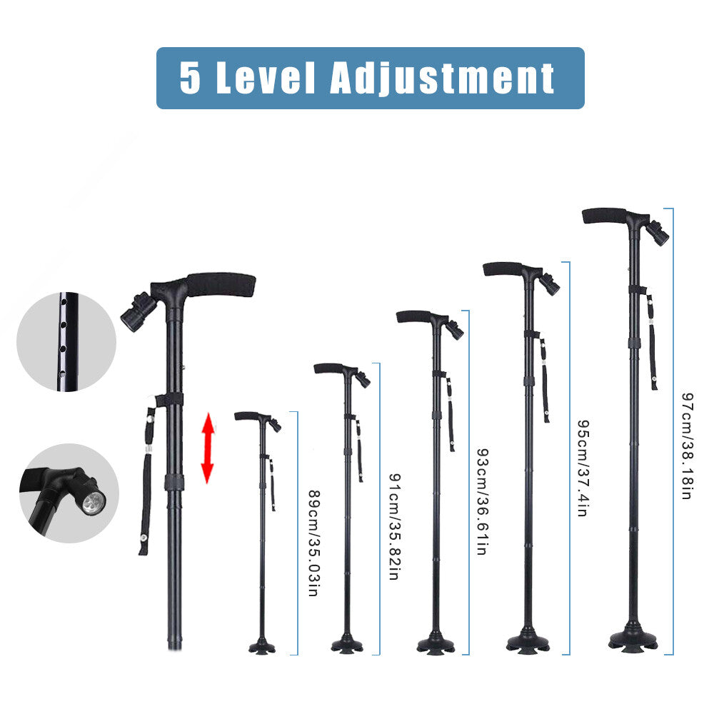 Folding Aluminium Walking Cane with Flashlight - Black