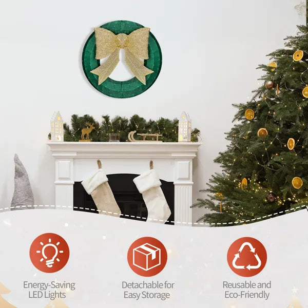 24-Inch Pre-Lit Outdoor Christmas Wreath with Golden Bow