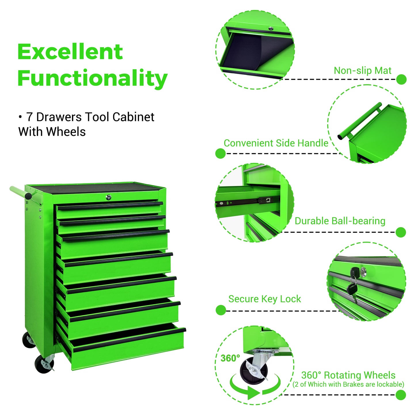 Green Metal Rolling Tool Chest with 7 Drawers - 20-Inch Storage Cabinet