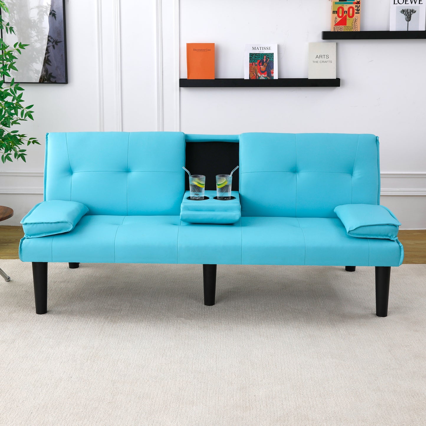 67-Inch Blue PVC Multi-Functional Sofa Bed with Cup Holder