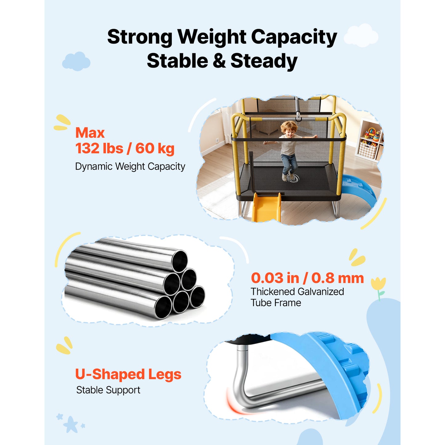 Kids Mini Trampoline with Enclosure, Indoor Outdoor Toddler Play Toy - 132 Lbs Capacity
