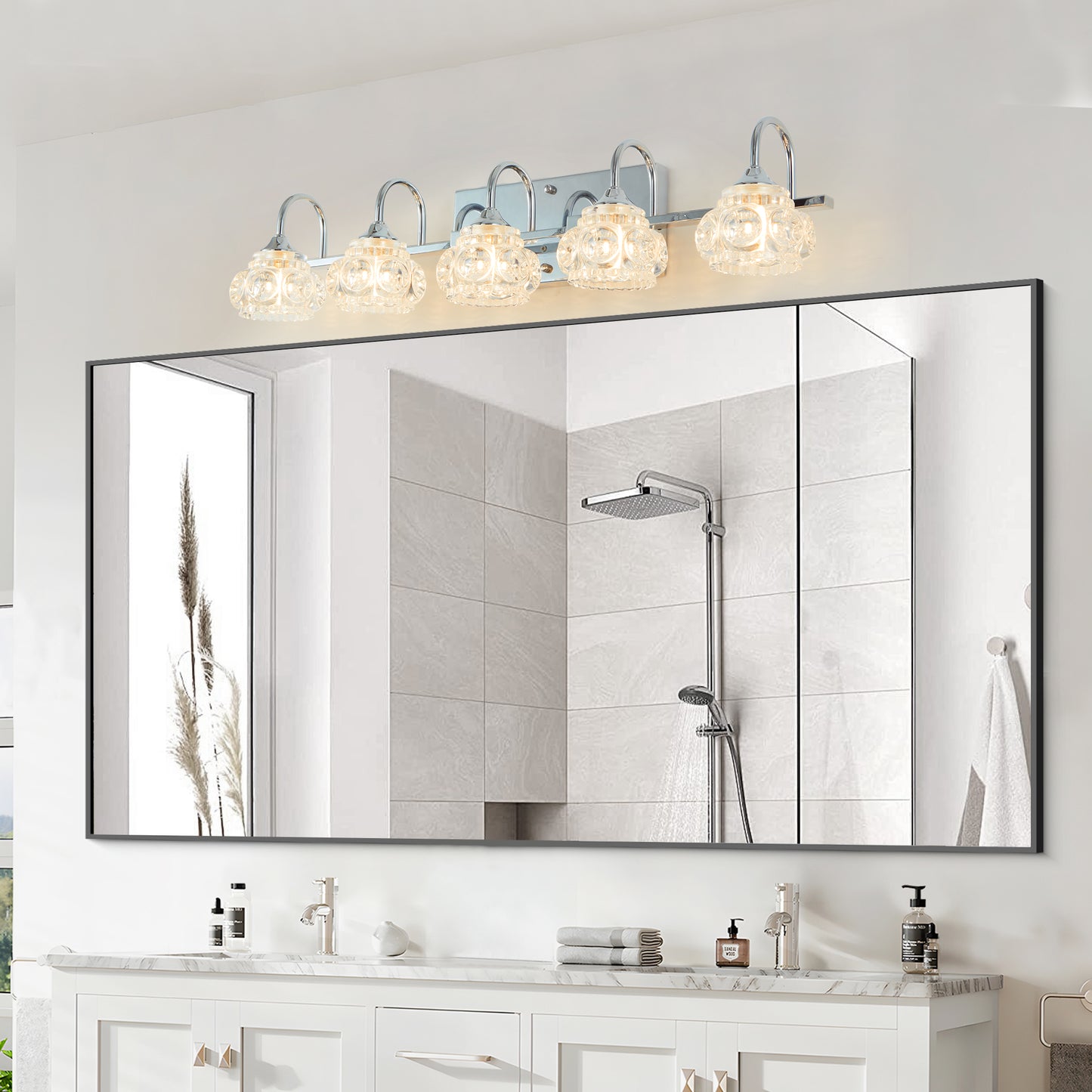 Nickel Finish Vintage Crystal Vanity Light - 5-Light Bathroom Fixture with Glass Shades