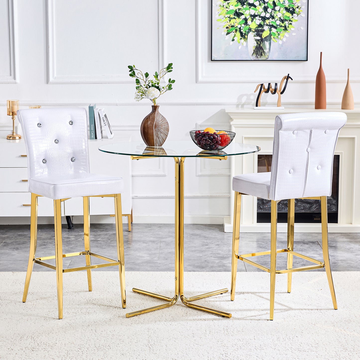 A Set Of 2 White And Gold Vintage Crocodile Leather Bar Chairs,