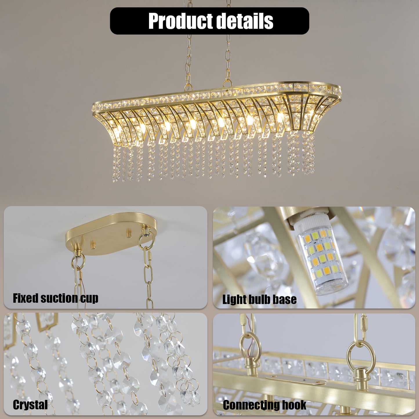 39-Inch Crystal Linear Chandelier with Gold Finish - Elegant Pendant Light