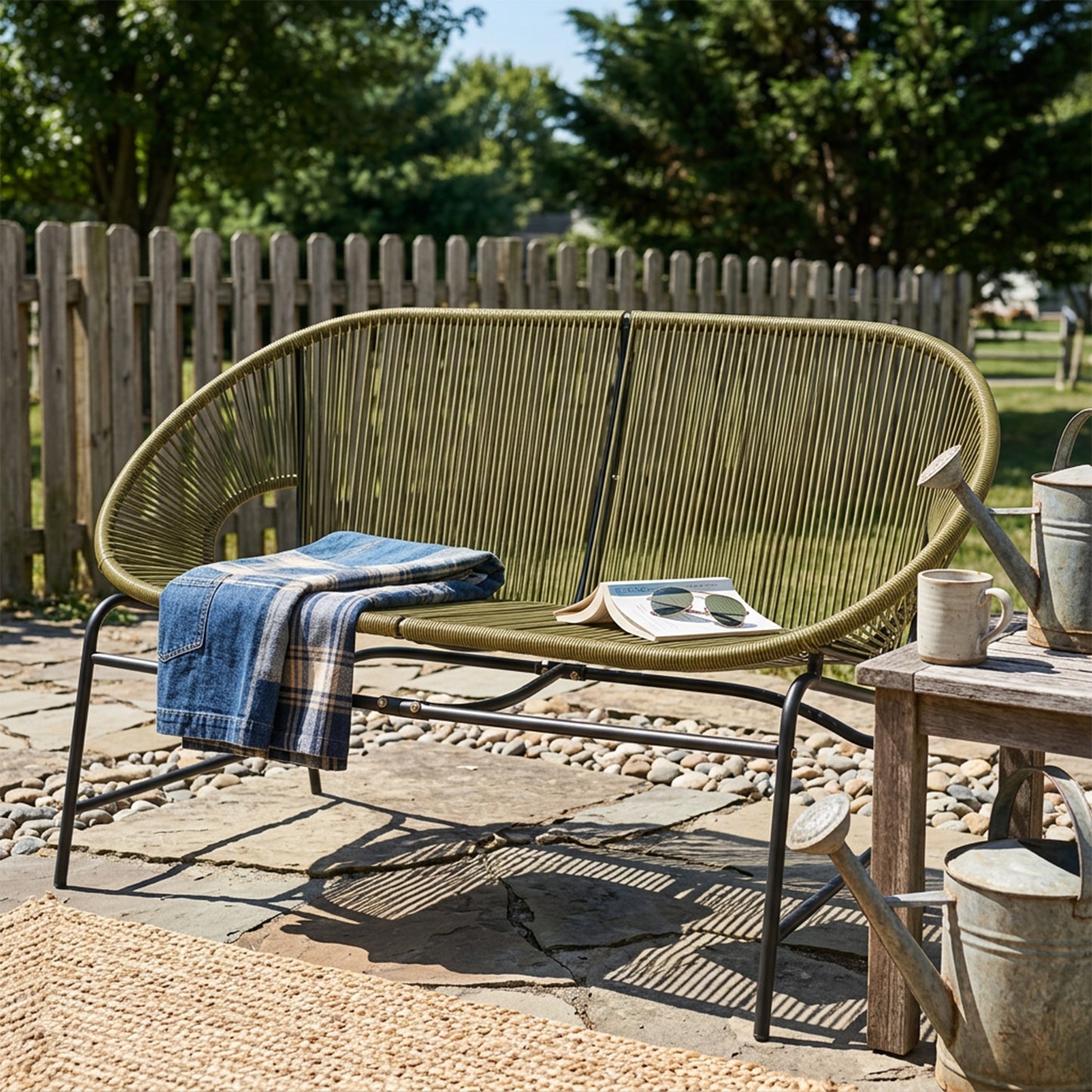 Condessa Outdoor Wicker Love Seat - Green PE Rattan & Iron Frame