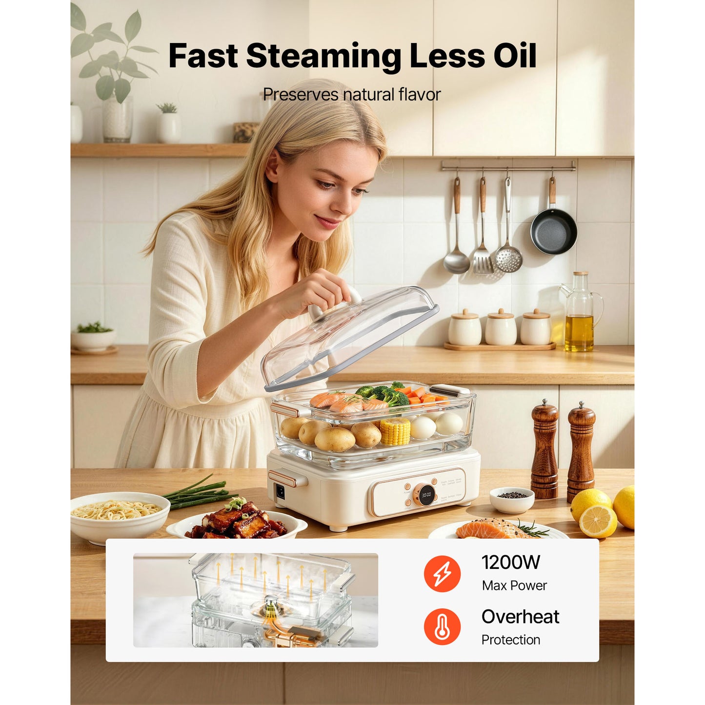 Electric Food Steamer 6.3 Qt with Glass Lid, 2-Tier Stainless Steel Trays, 1200W for Veggies Seafood Rice