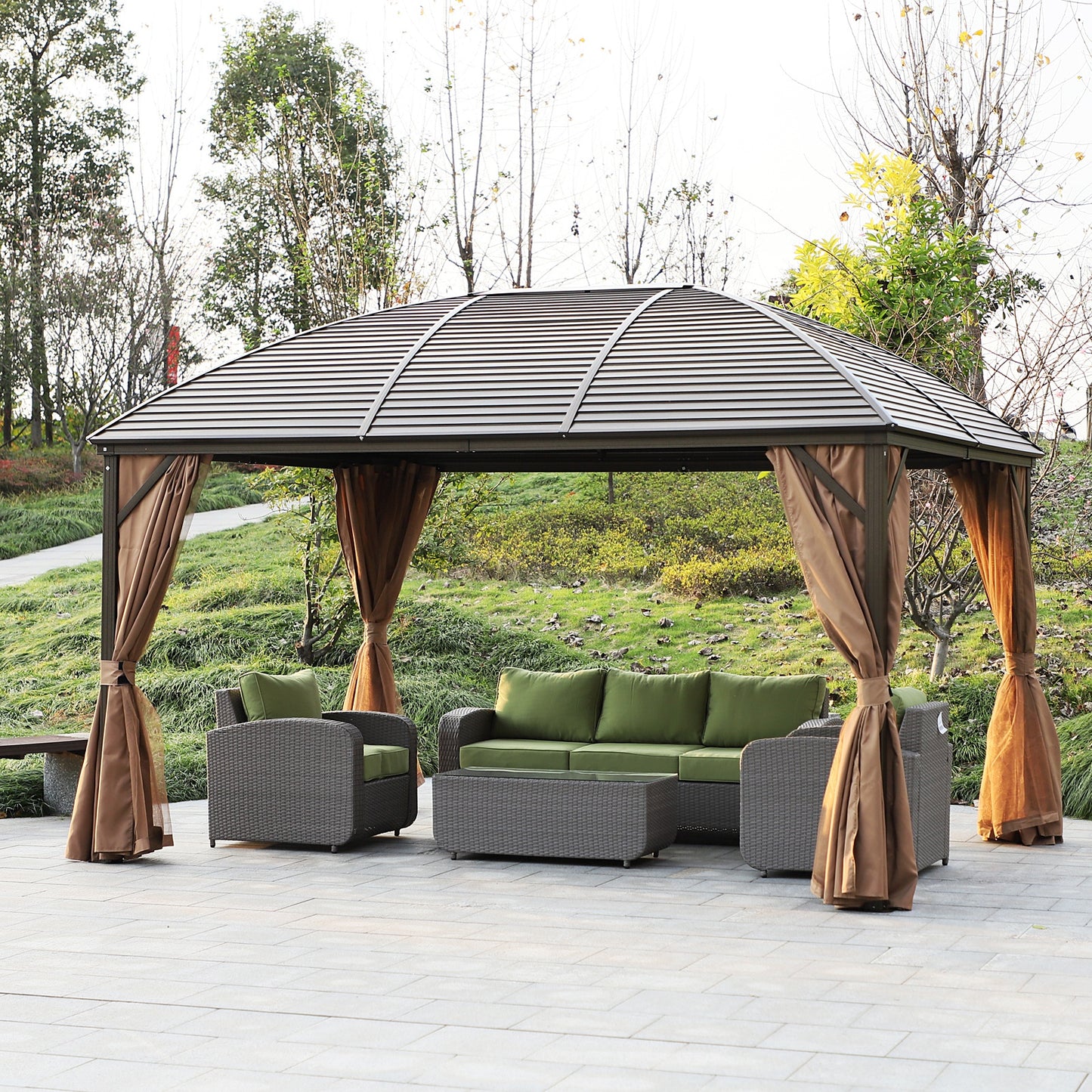 10x13 Hardtop Gazebo with Curtains & Netting - Brown Pavilion